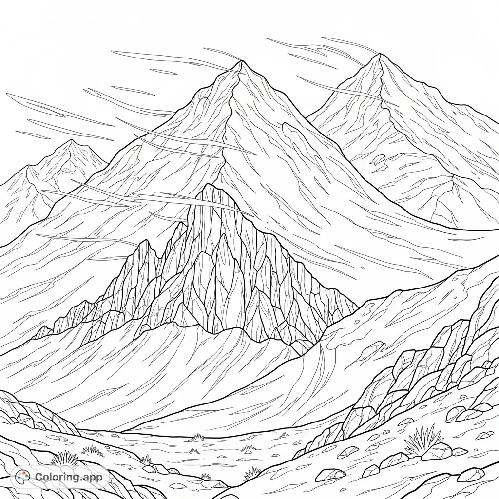 Explore a dramatic mountain landscape featuring towering, snow-covered peaks and dynamic wind patterns. A challenging and rewarding nature scene.
