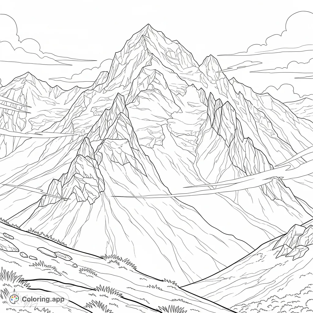 Explore a majestic mountain range with towering, snow-covered peaks on a windy day. This free printable coloring page offers a serene yet dramatic landscape.
