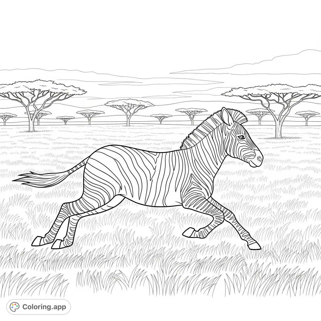A cute zebra gallops across a vast savannah, its mane and tail flowing, surrounded by tall grasses and iconic acacia trees. A delightful animal scene.
