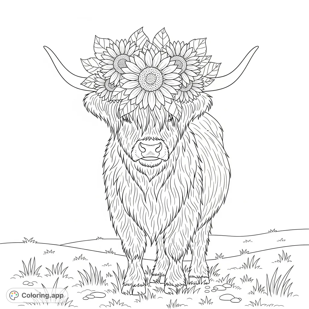 Discover a charming highland cow wearing a beautiful sunflower crown in a serene pasture. This free printable highland cow coloring page offers delightful details for all ages.