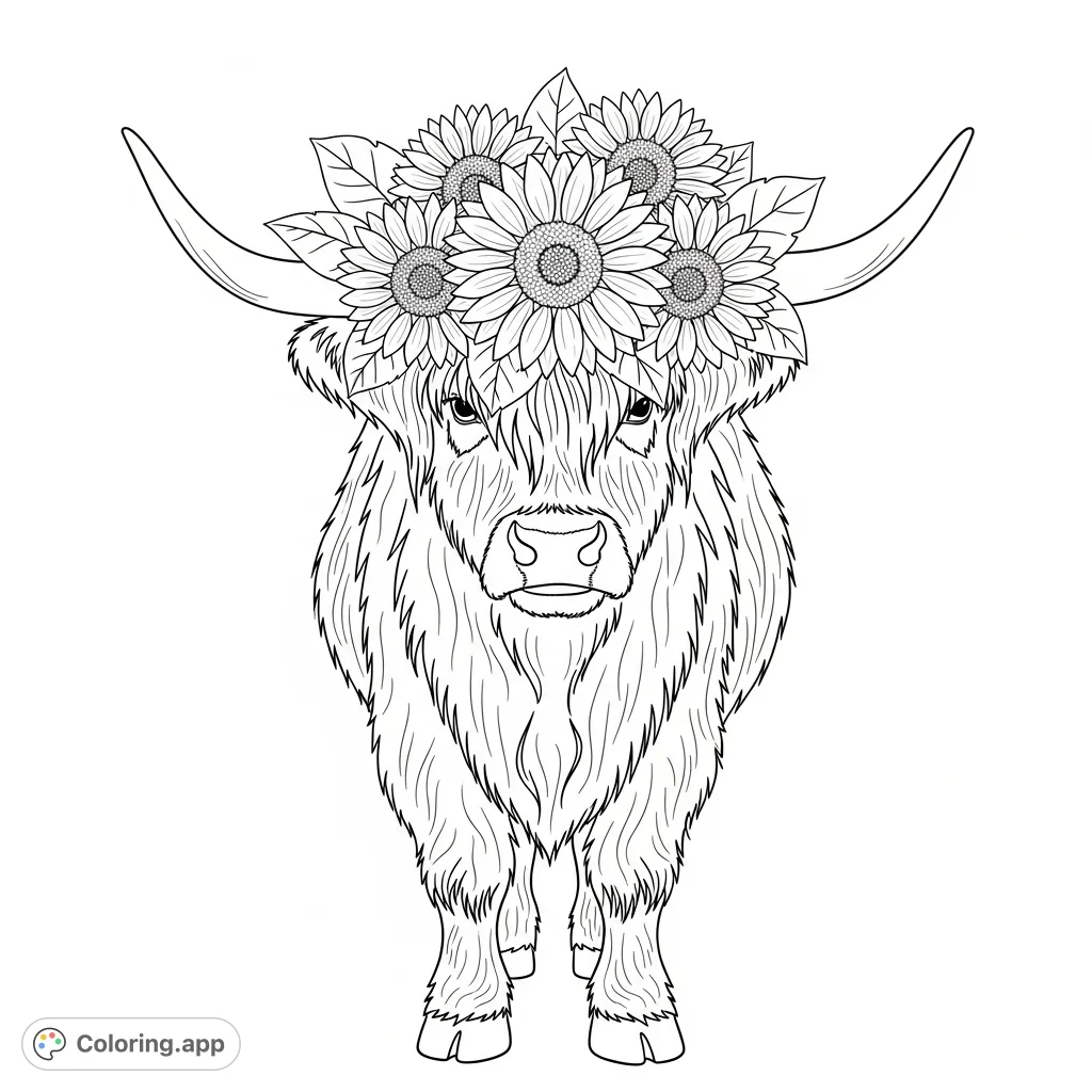 A charming highland cow adorned with a beautiful sunflower crown, perfect for a delightful coloring experience. Explore textures of fur and petals.