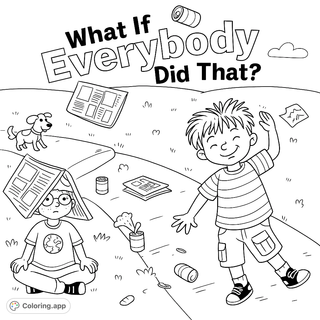A thought-provoking scene with children, a dog, and scattered litter on a path and grassy area, perfect for discussing environmental responsibility.