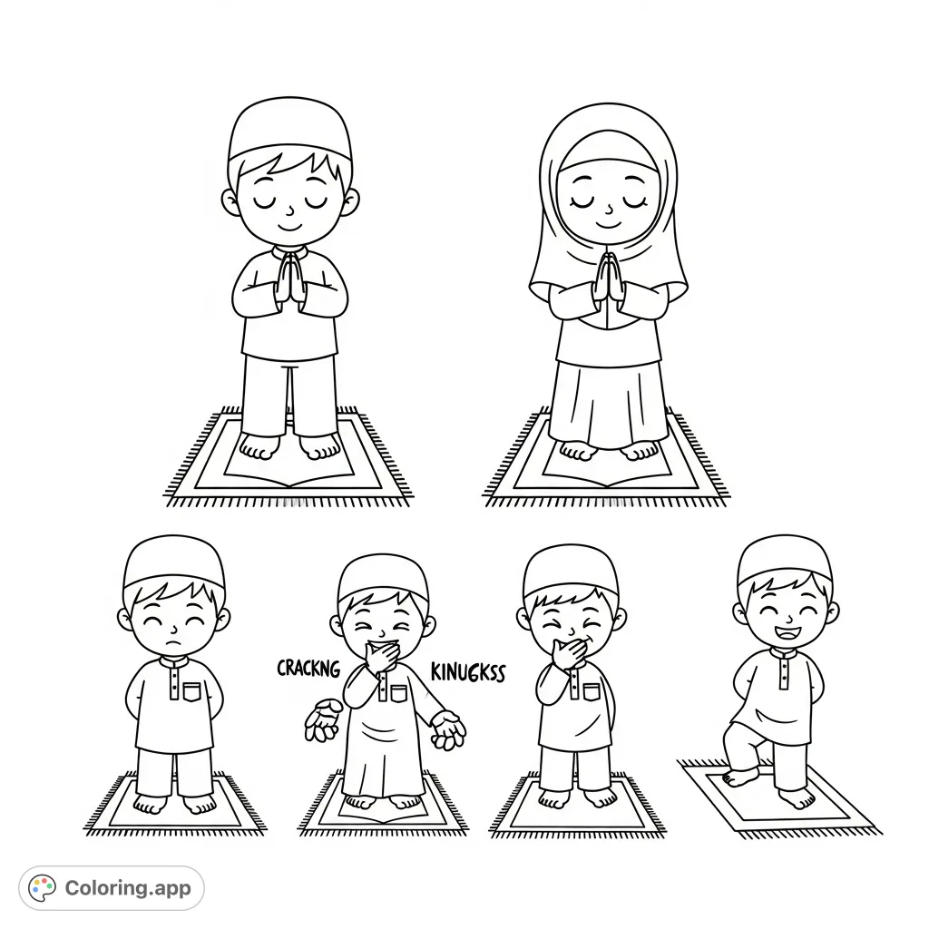 Explore six cartoon illustrations of Muslim children learning prayer. Two show correct poses, while four depict common mistakes, all on prayer mats. A unique educational coloring page.