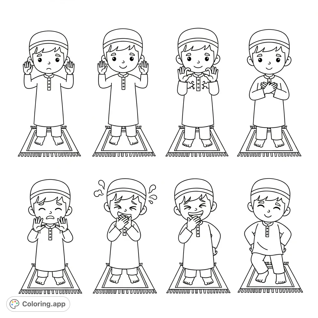 A free printable Salah coloring page featuring cartoon Muslim children demonstrating correct prayer postures and common mistakes during the opening Takbeer. Learn and color!