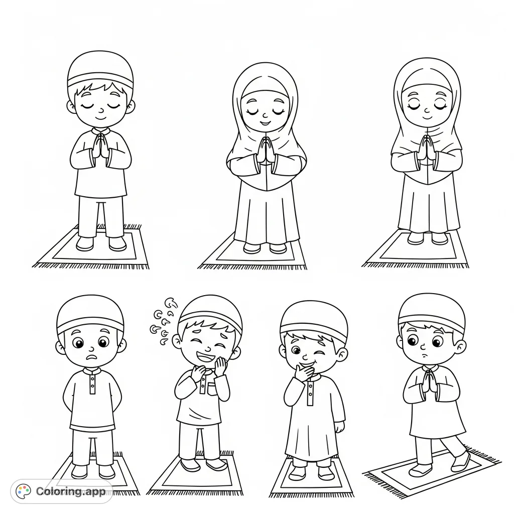 Explore Salah prayer postures with this interactive coloring page. Identify correct and incorrect stances for opening Takbeer, perfect for learning.
