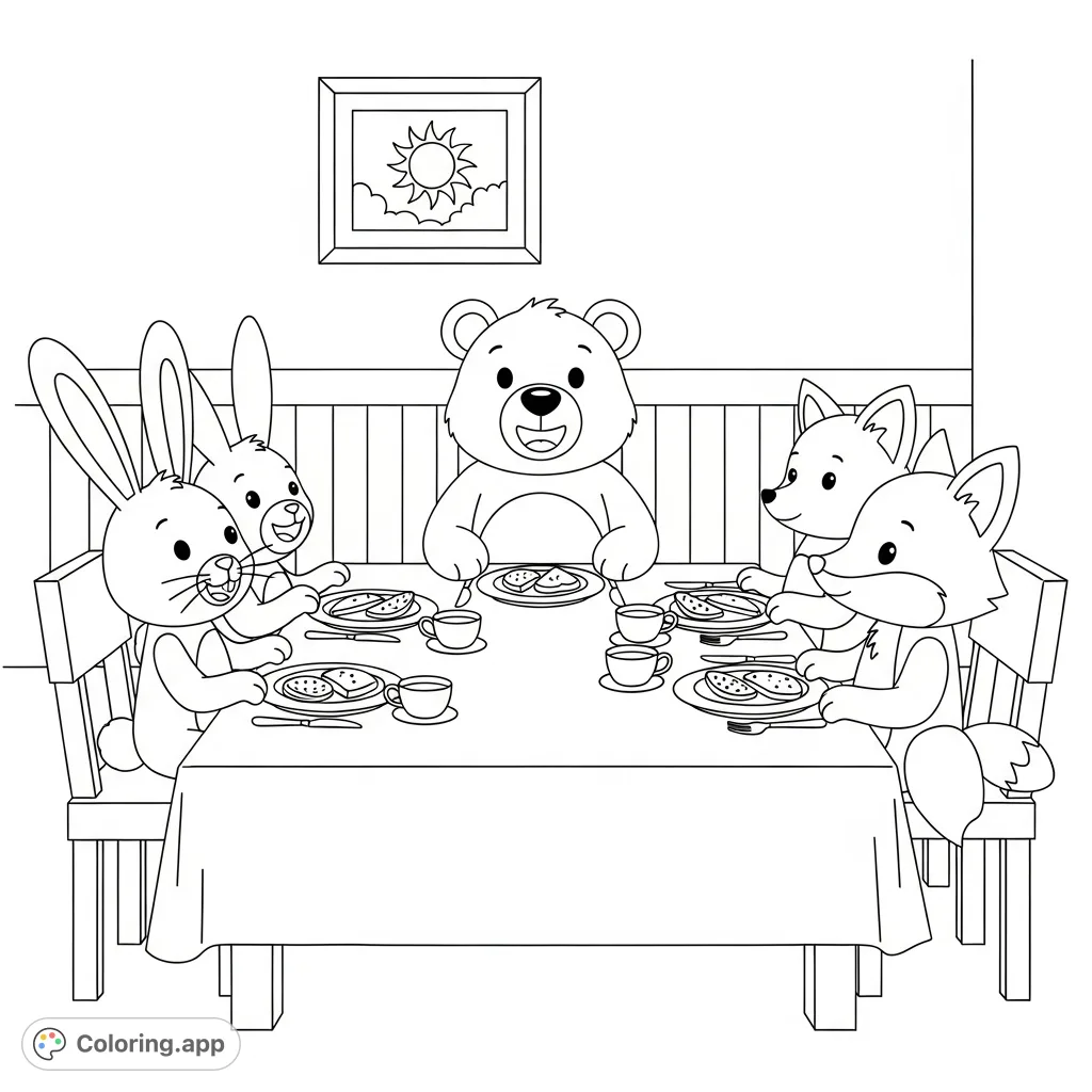 A delightful coloring page featuring a bear, rabbit, and fox enjoying a meal together at a table. Perfect for young artists to bring to life with their favorite colors.