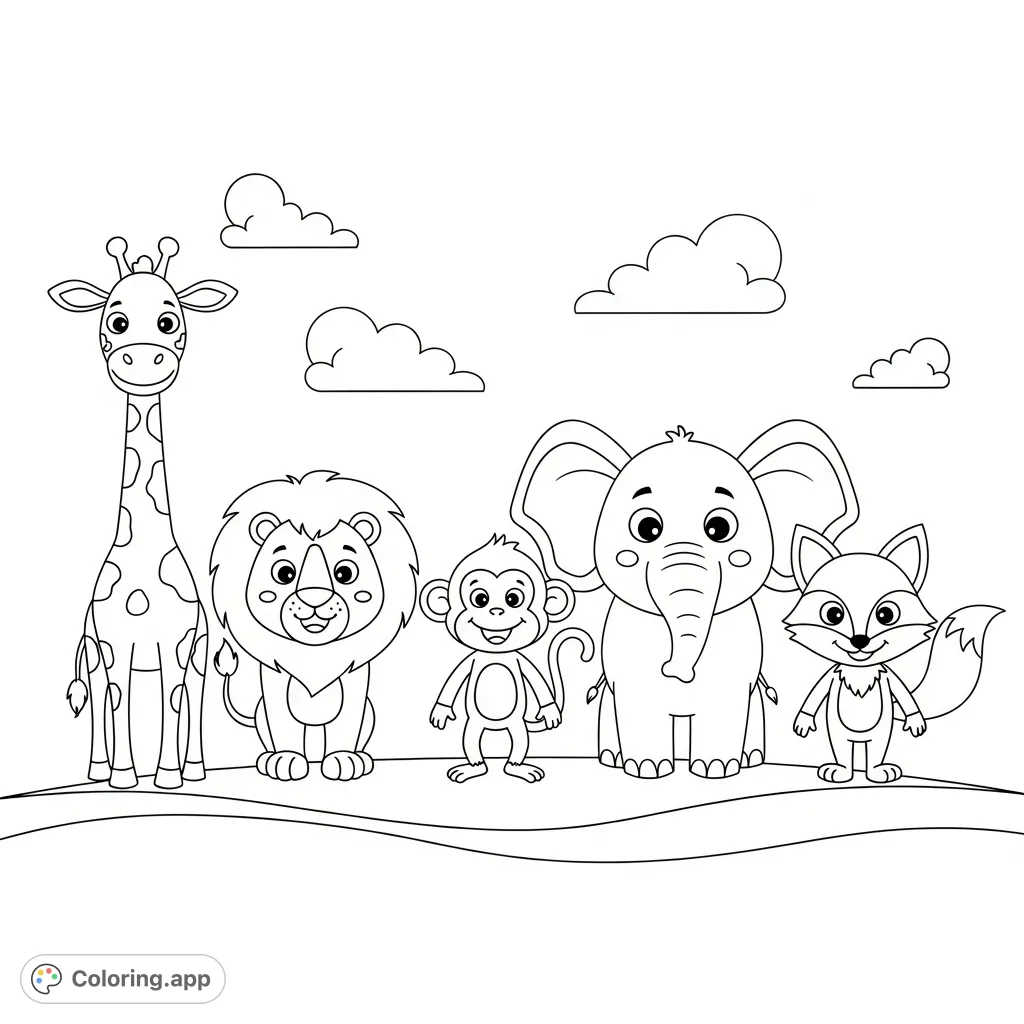 A delightful parade of friendly cartoon animals, including a giraffe, lion, monkey, elephant, and fox, standing in a row, ready for a splash of color.