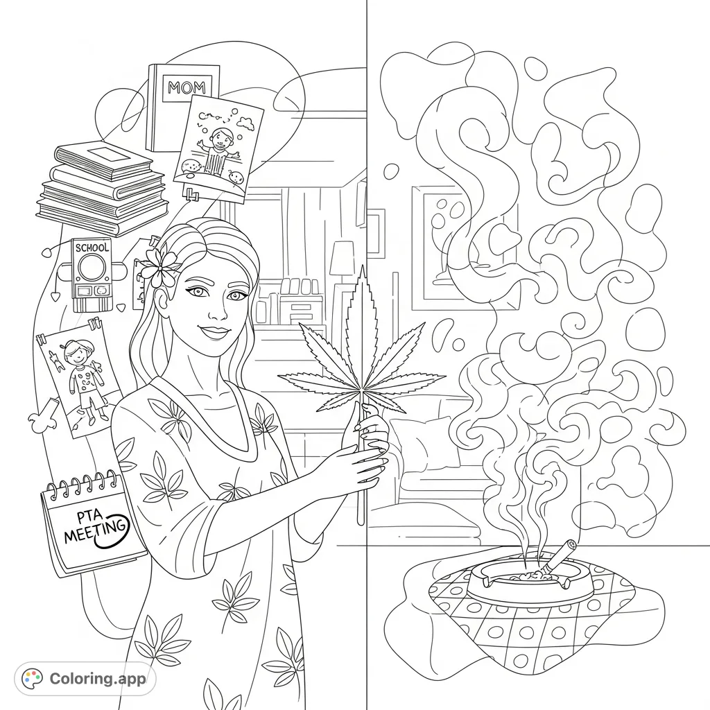 Discover an empowered woman balancing life, holding a stylized cannabis leaf amidst scenes of motherhood and relaxation. A unique adult coloring page.