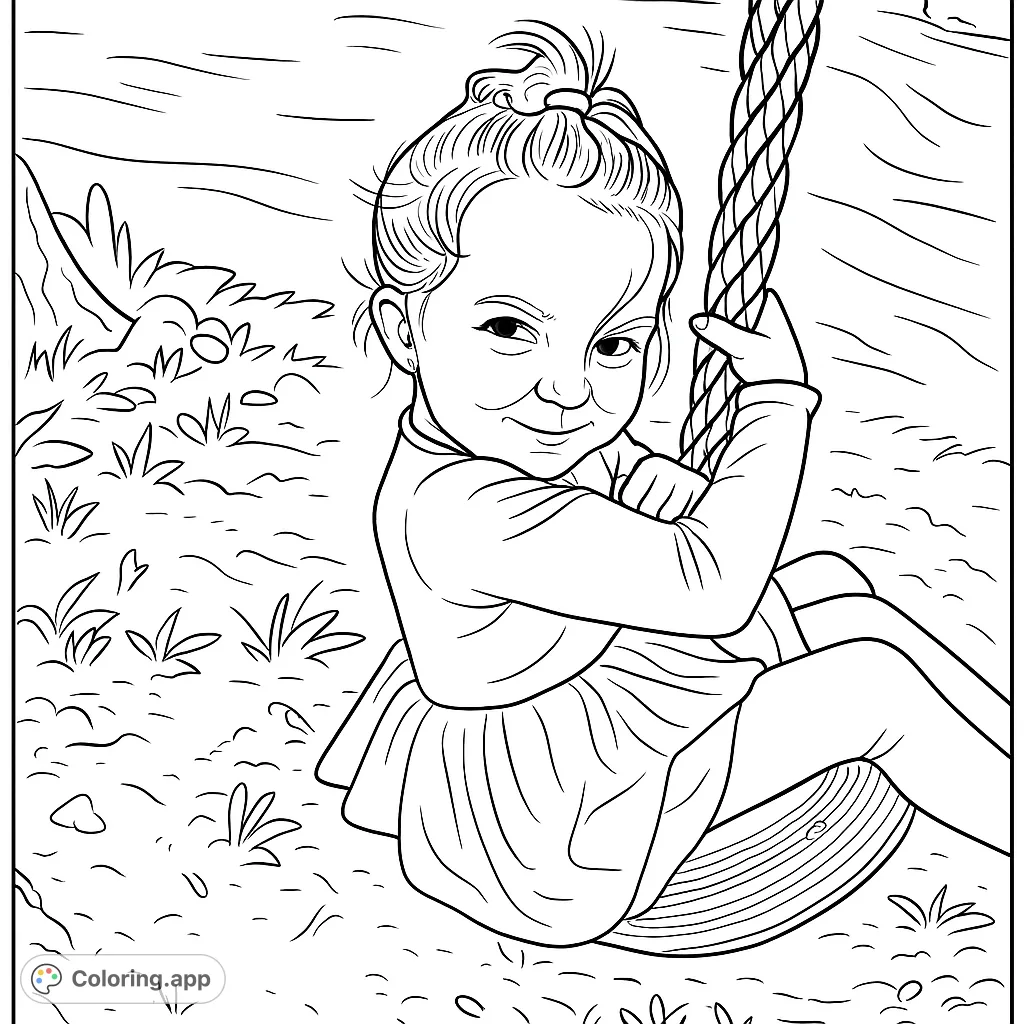 A delightful coloring page featuring a cheerful child enjoying a swing, perfect for sparking imagination and creative fun in an outdoor setting.