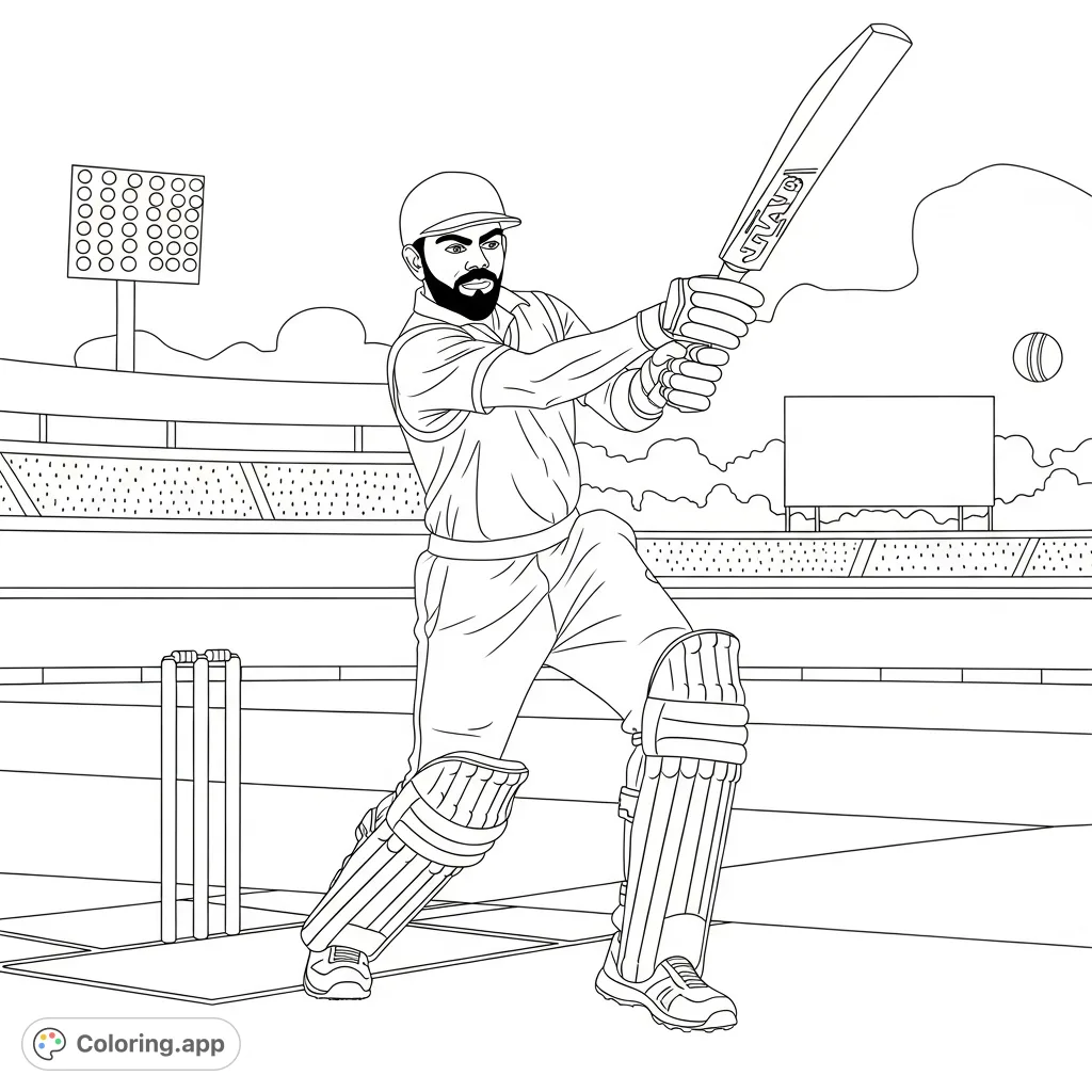 Capture the dynamic energy of cricket legend Virat Kohli executing a powerful cover drive. A detailed sports coloring page for fans of all ages.