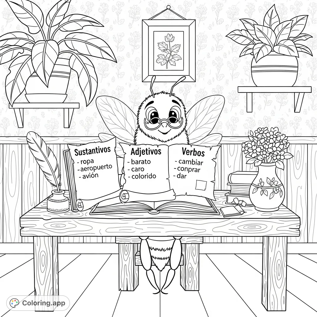 A charming bee in spectacles studies language scrolls at a rustic desk, surrounded by books and a quill. Perfect for a delightful and educational coloring experience.
