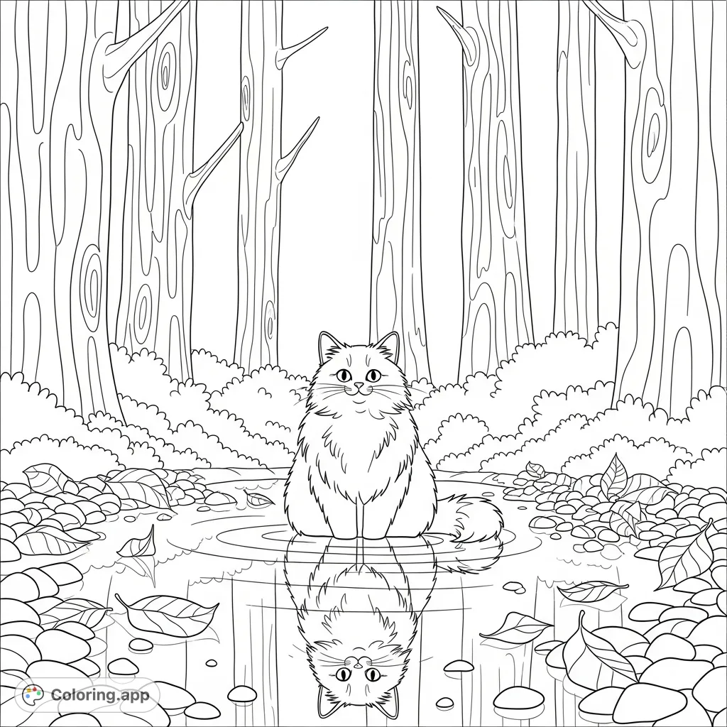 A fluffy cat sits peacefully in a forest puddle, its reflection visible. Fallen leaves and tall tree trunks create a serene natural scene, perfect for a relaxing coloring experience.