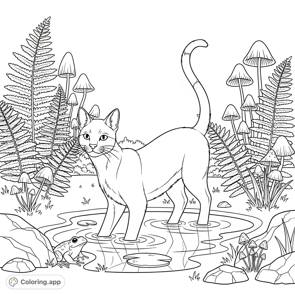 A sleek cat delicately perches in a forest puddle, observed by a small frog. Lush ferns and mushrooms surround this charming, simple nature scene.