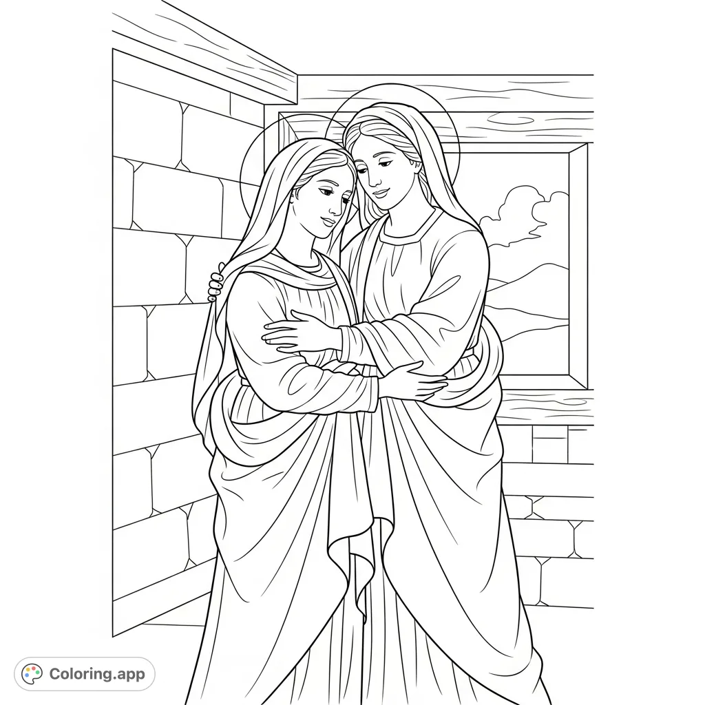 A serene Visitation coloring page depicting Mary and Elizabeth in a tender embrace, celebrating their blessed connection in a humble, reverent setting.