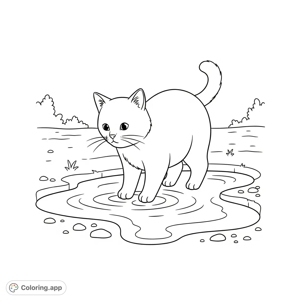A charming coloring page featuring a simple cat with its front paws playfully dipped into a shimmering puddle, perfect for a relaxing coloring session.