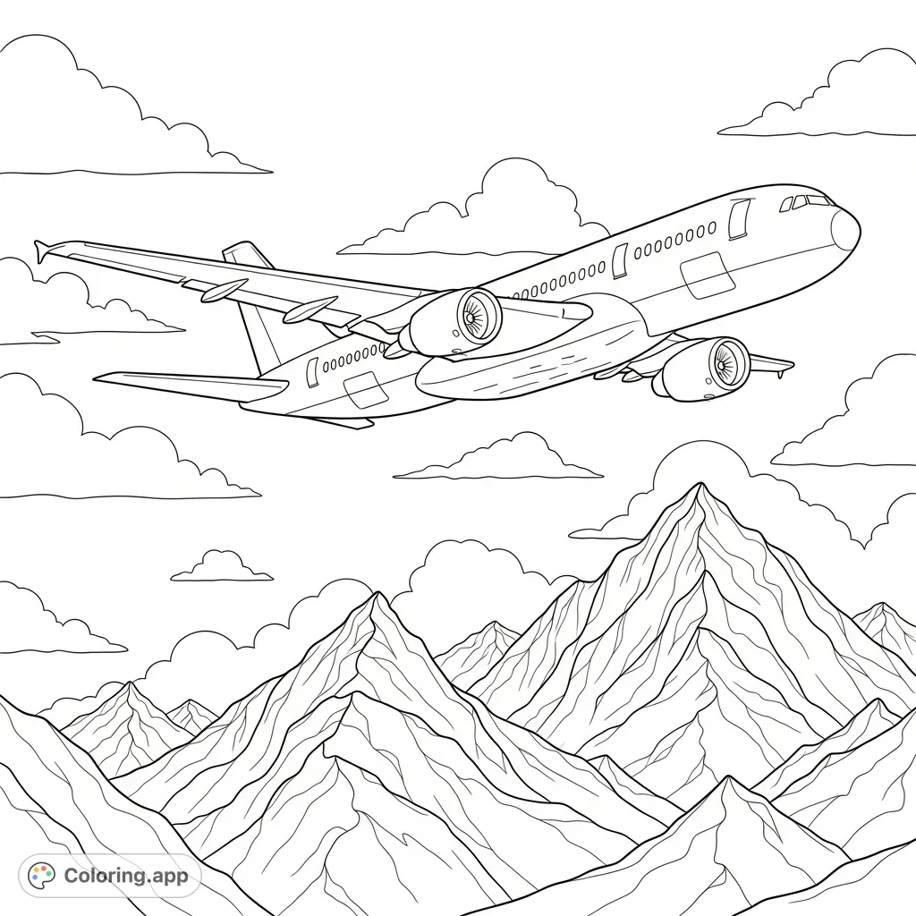An airplane flies high above majestic mountains on a sunny day, surrounded by fluffy clouds. A perfect free printable airplane coloring page for all ages.