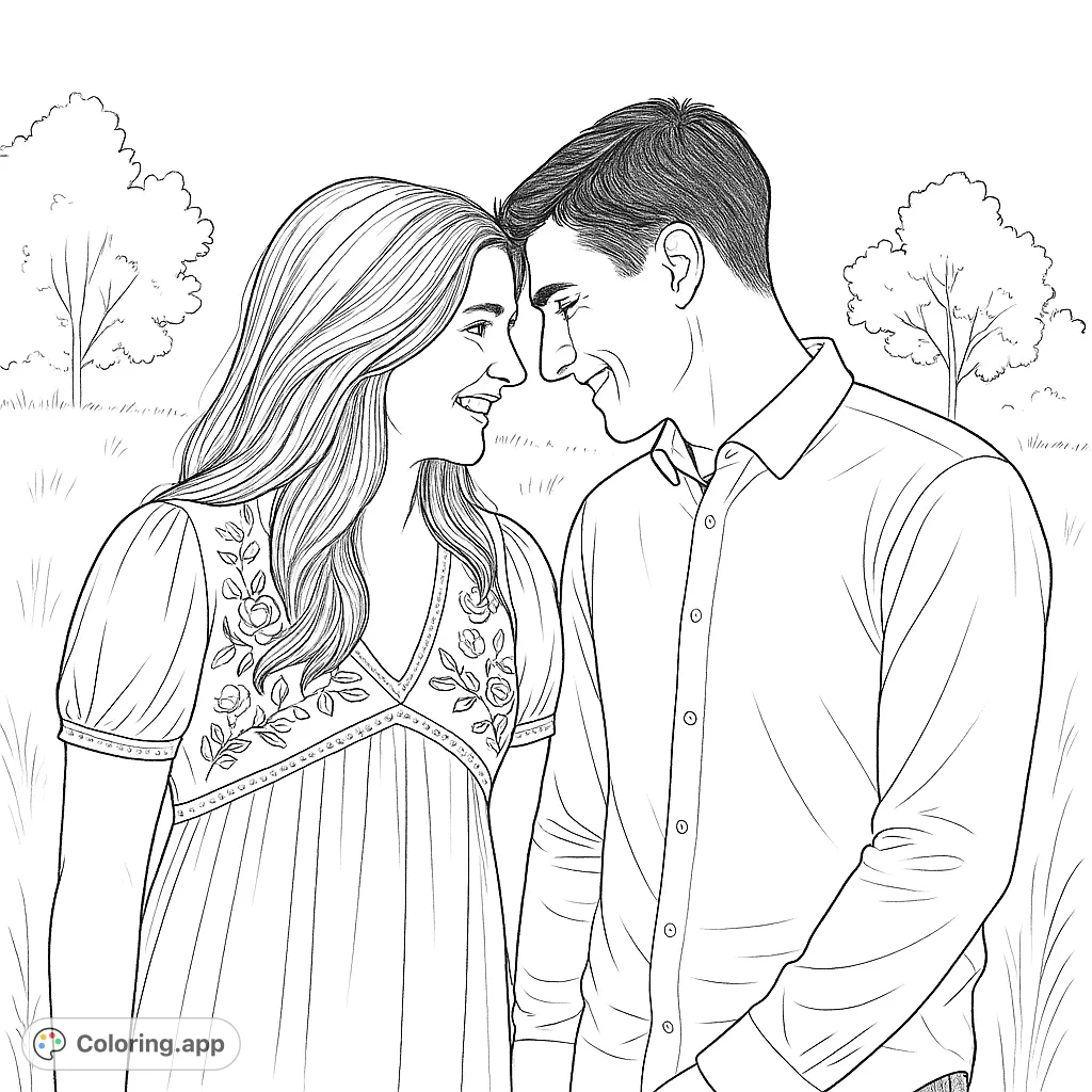 Capture a tender moment between a couple in a serene field. This romantic coloring page features detailed clothing and a natural setting, perfect for all ages.