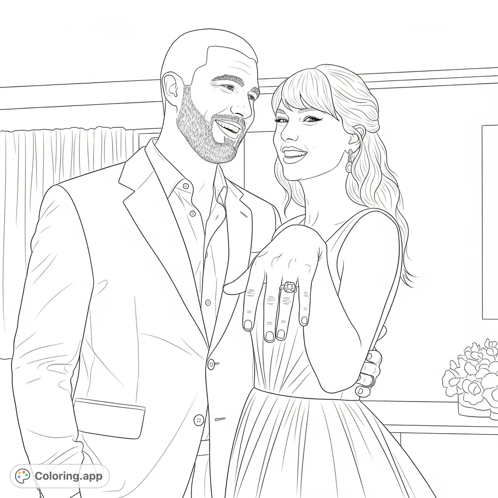 A realistic Travis Kelce and Taylor Swift engagement coloring page, featuring Taylor's prominent ring and their joyful expressions. Perfect for fans!