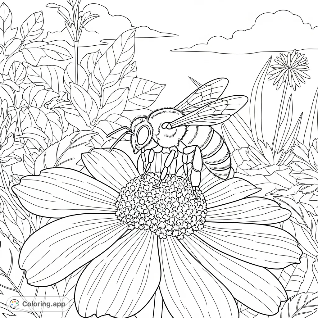 A charming bee gathers nectar from a detailed flower in a sunlit garden, perfect for a relaxing nature coloring page experience.