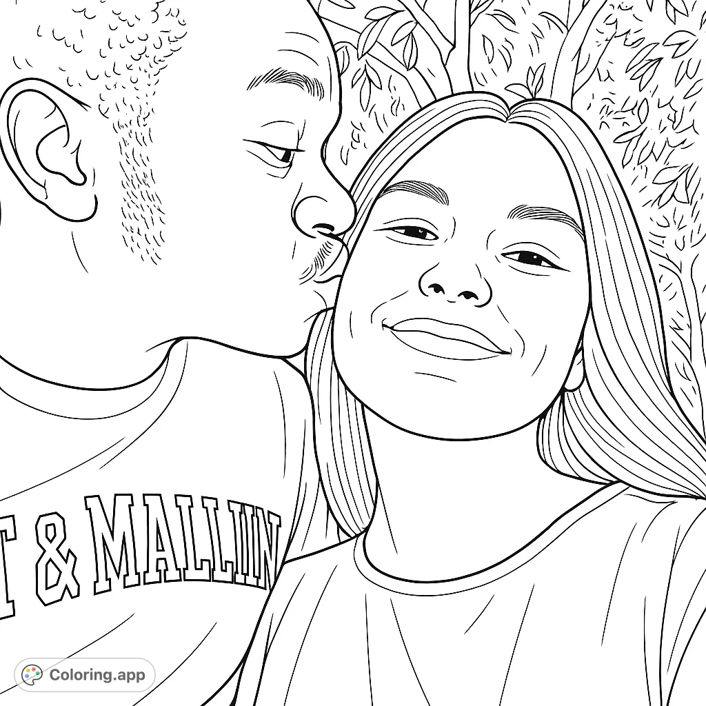 Capture a tender moment with this affectionate couple coloring page. A man kisses a smiling woman on the cheek, set against a natural backdrop. Perfect for celebrating love.