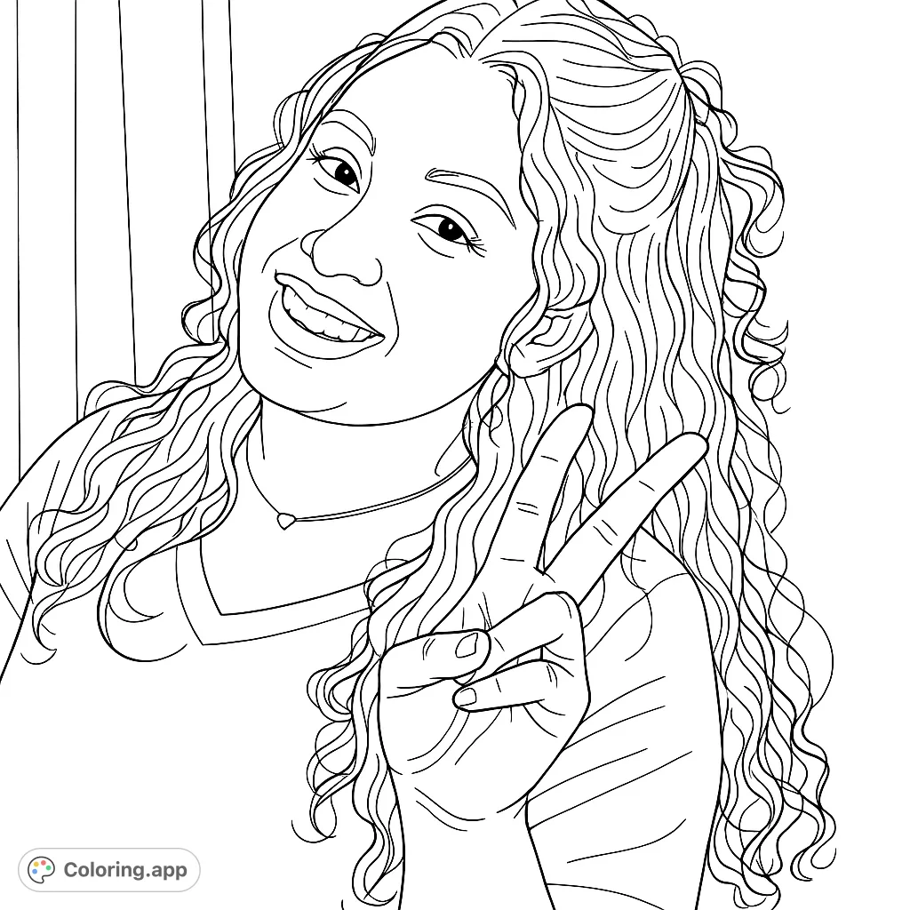 A cheerful person with curly hair smiles and makes a peace sign, wearing a V-neck top and a heart necklace. A delightful portrait for coloring.