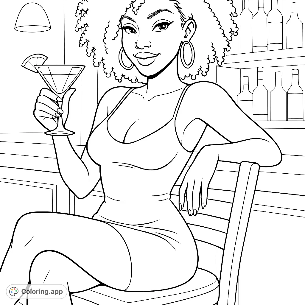 An elegant woman with curly hair enjoys a cocktail at a stylish bar. Perfect for adult colorists seeking a sophisticated and relaxing creative escape.