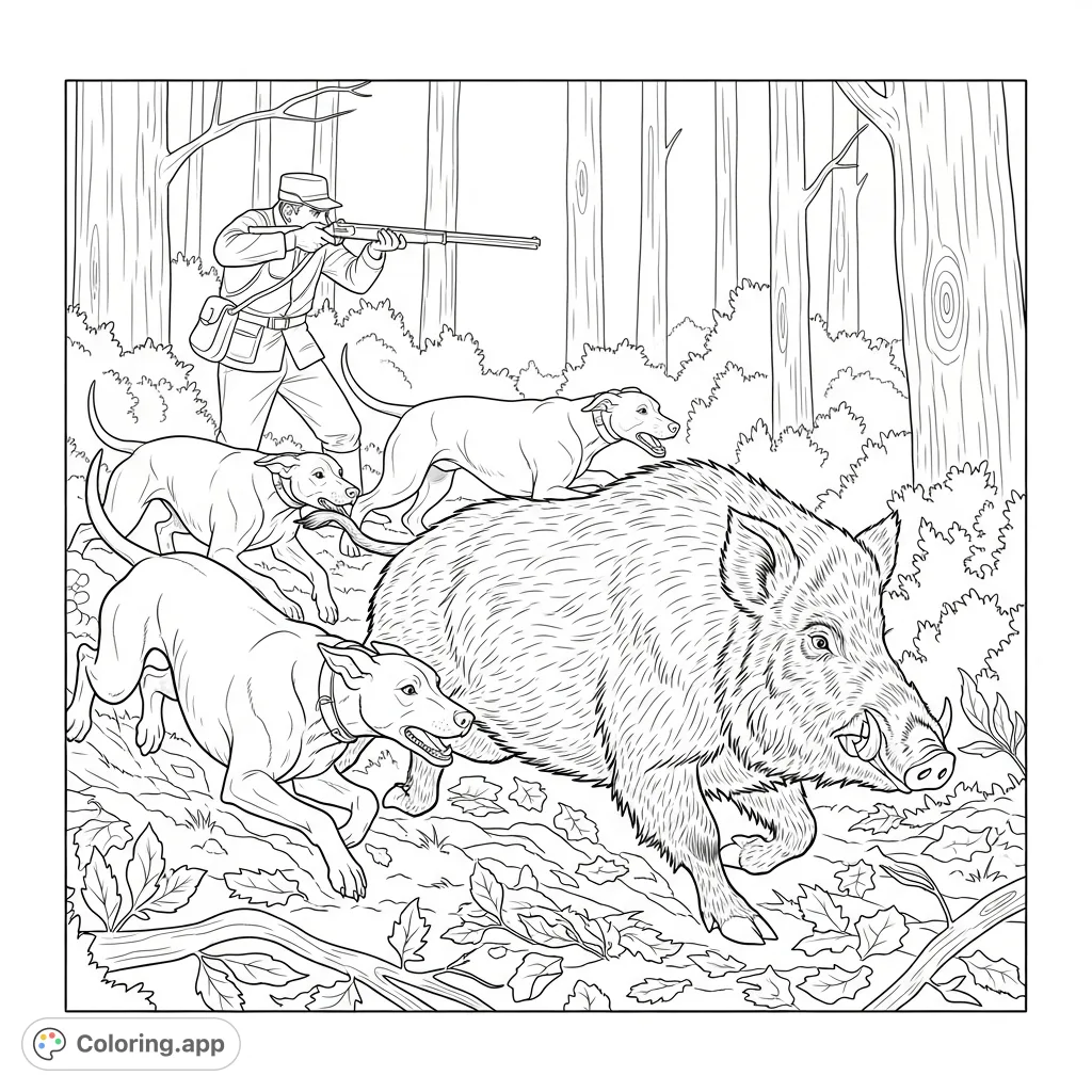 Experience the thrill of a forest hunt with this detailed coloring page featuring dogs chasing a wild boar and a hunter ready to aim.