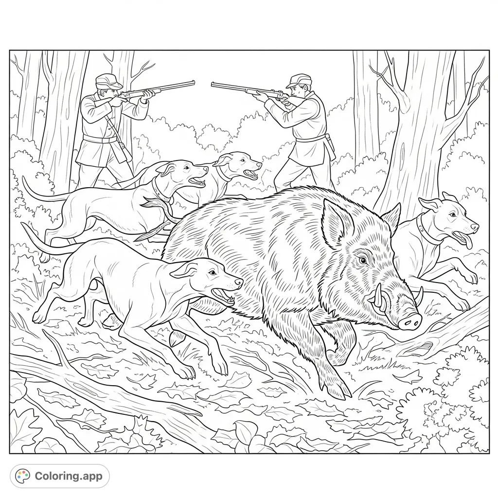 Experience the thrill of a forest hunt with this detailed coloring page featuring dogs chasing a wild boar and a hunter ready to aim.