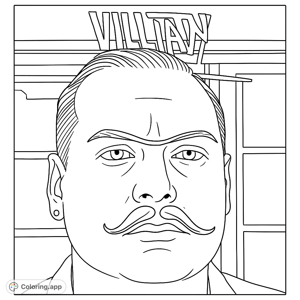 A playful coloring page featuring a man's face with whimsical drawings of a crown, exaggerated eyebrows, and a curled mustache on a transparent surface.