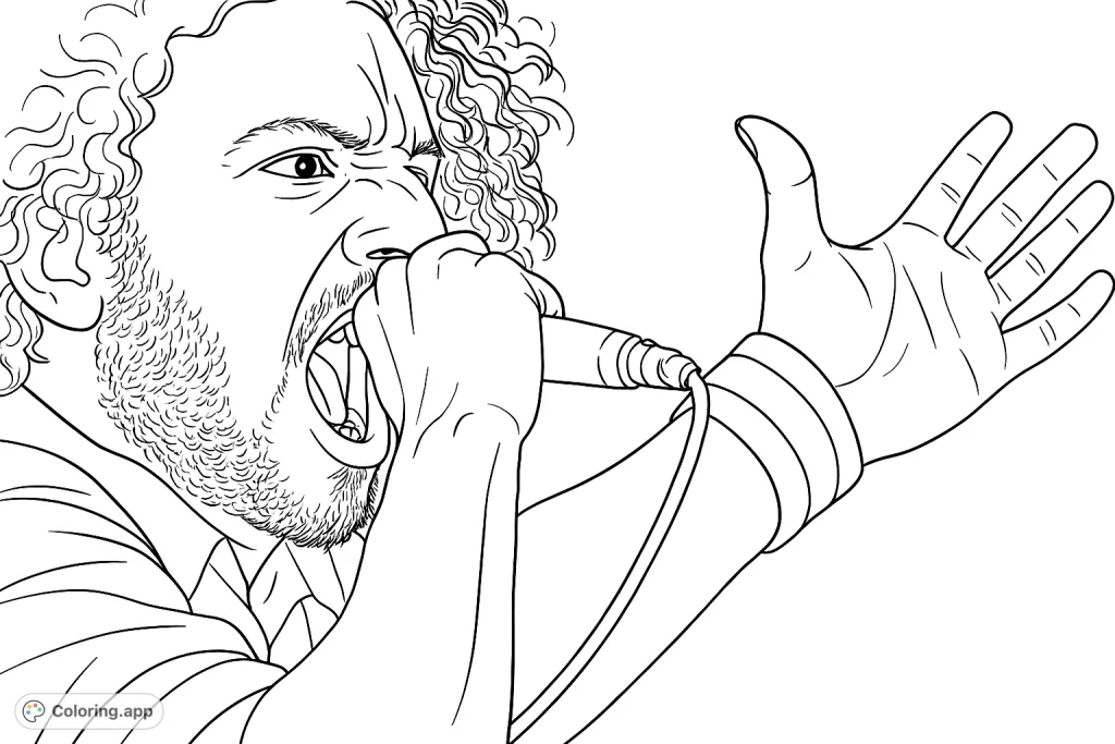 Capture the raw energy of a live performer with this dynamic coloring page featuring a singer mid-performance, microphone in hand, and expressive gestures.