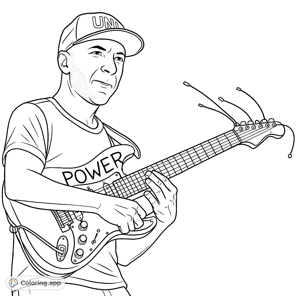 Capture the energy of a musician playing an electric guitar with "POWER" on its body. A dynamic music-themed coloring page for all ages.