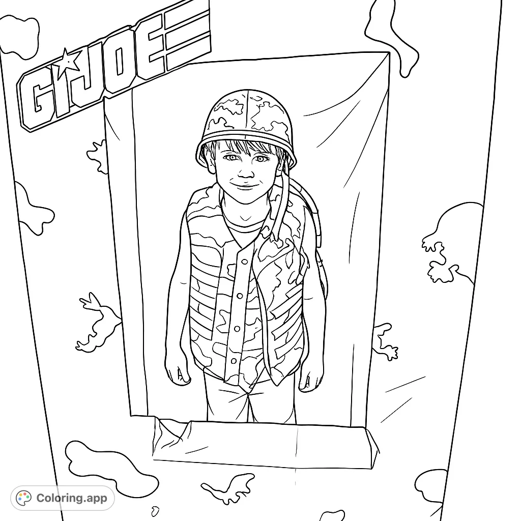 Color a brave little soldier in a G.I. Joe themed structure, complete with helmet and camouflage vest. A fun, imaginative military coloring page.