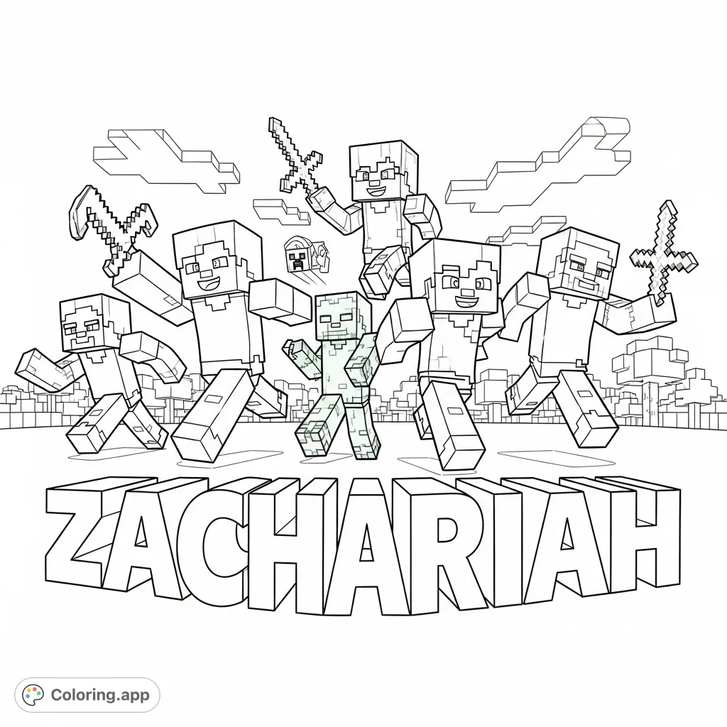 Dynamic Minecraft characters burst forth from behind bold 'Zachariah' letters, ready for adventure. A fun, personalized free printable Minecraft coloring page for fans.