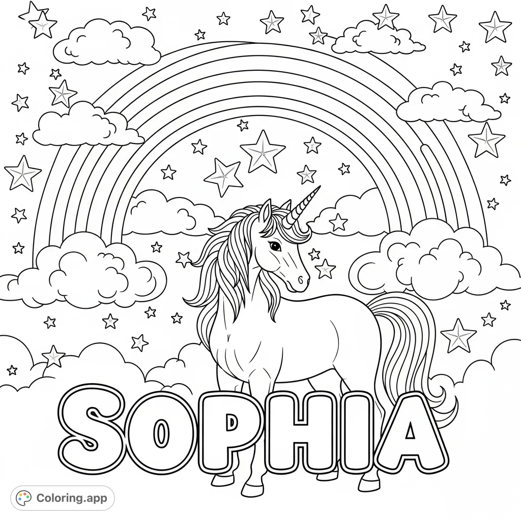 A enchanting unicorn and rainbow scene, personalized with the name 'Sophia'. Perfect for young dreamers to color and bring to life with vibrant hues.
