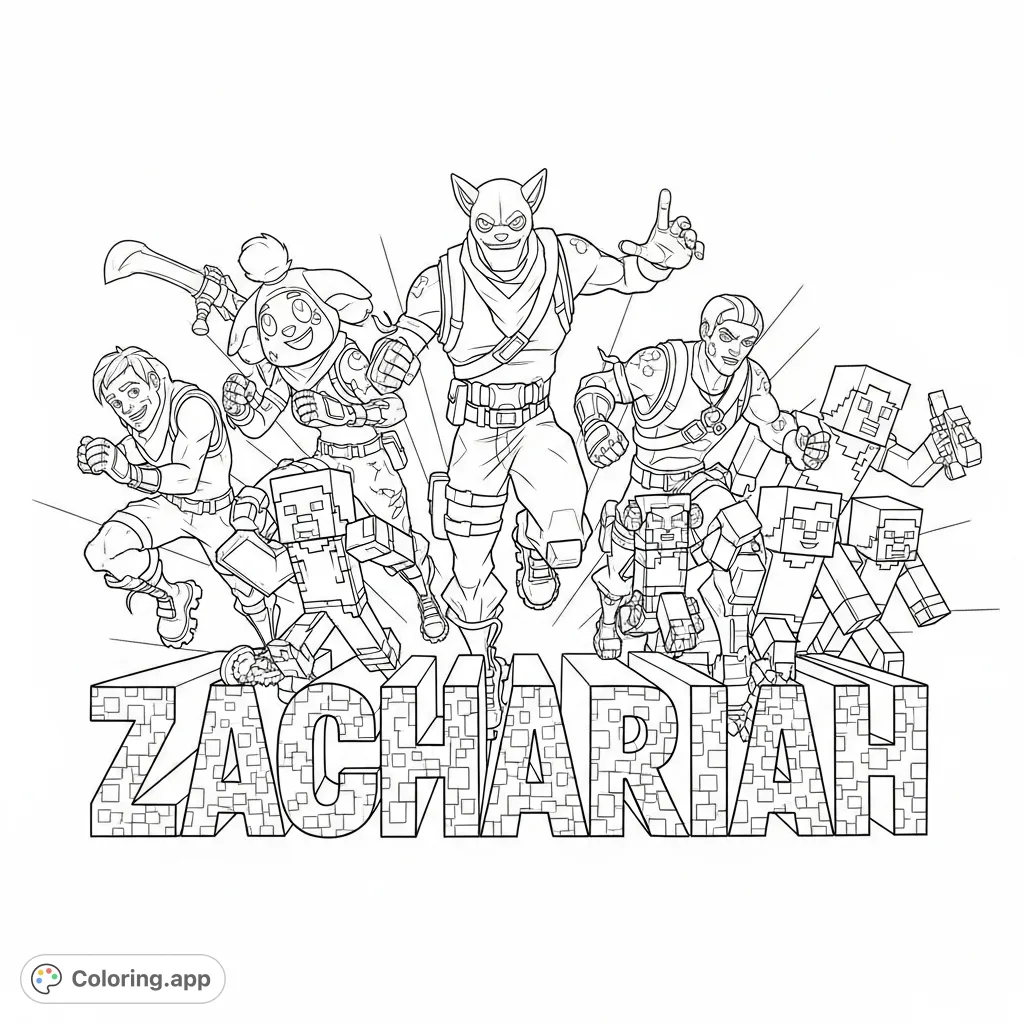 Fortnite and Minecraft characters burst forth from behind bold 'Zachariah' letters, ready for adventure. A dynamic gaming-themed coloring page.