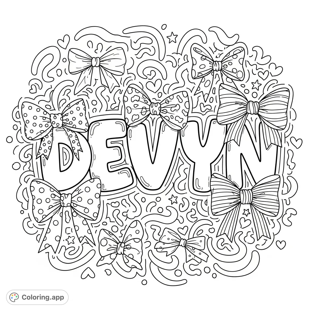 Color the name DEVYN in a fun graffiti style, adorned with preppy bows and playful squiggly lines. An easy, free printable coloring page for all ages.