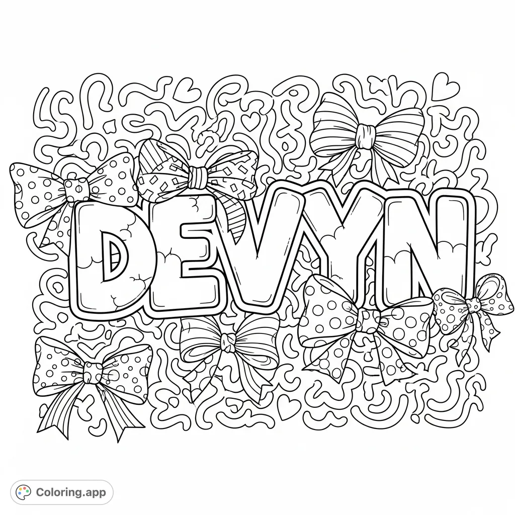 Color the name DEVYN in a fun graffiti style, adorned with preppy bows and playful squiggly lines. An easy, free printable coloring page for all ages.