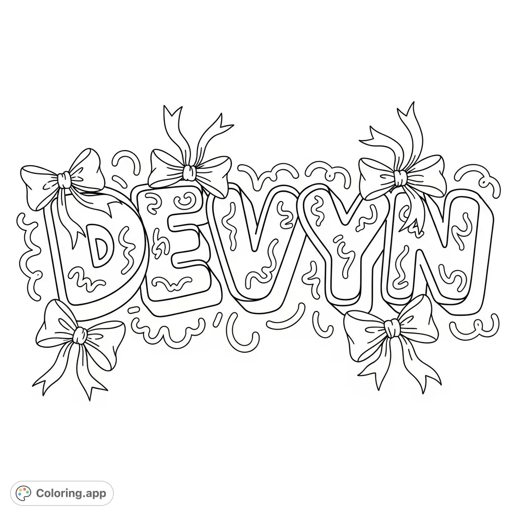 Personalized DEVYN graffiti coloring page featuring bold letters, charming preppy bows, and playful squiggly lines. A fun, easy design for all ages.