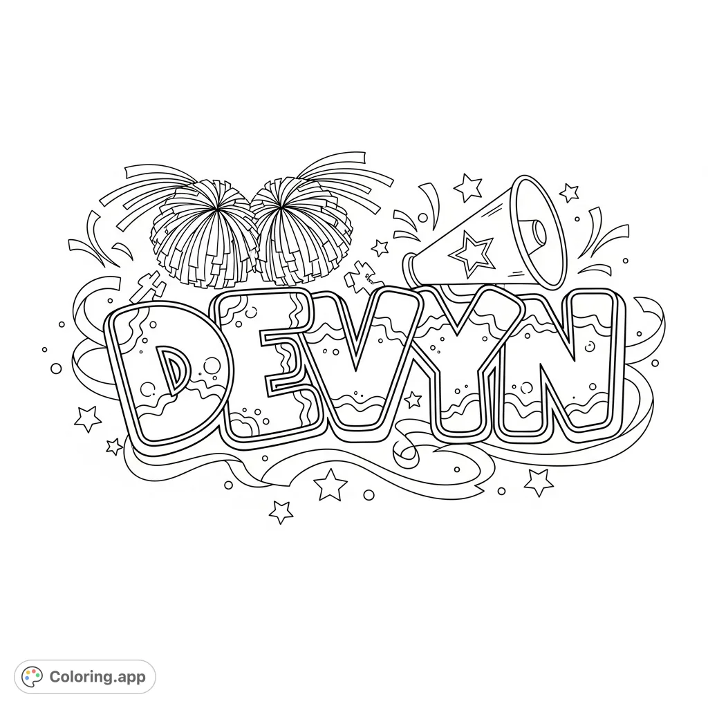 A vibrant "DEVYN" graffiti coloring page, bursting with cheerleading energy. Features bold letters, pompoms, megaphones, and stars for a personalized touch.