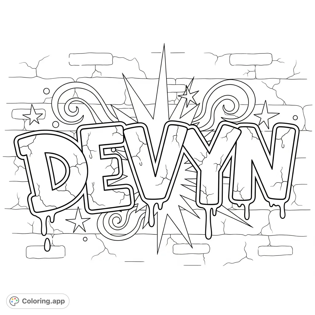 Unleash your creativity with this dynamic DEVYN graffiti coloring page. Bold letters, drips, and urban flair await your vibrant color choices.