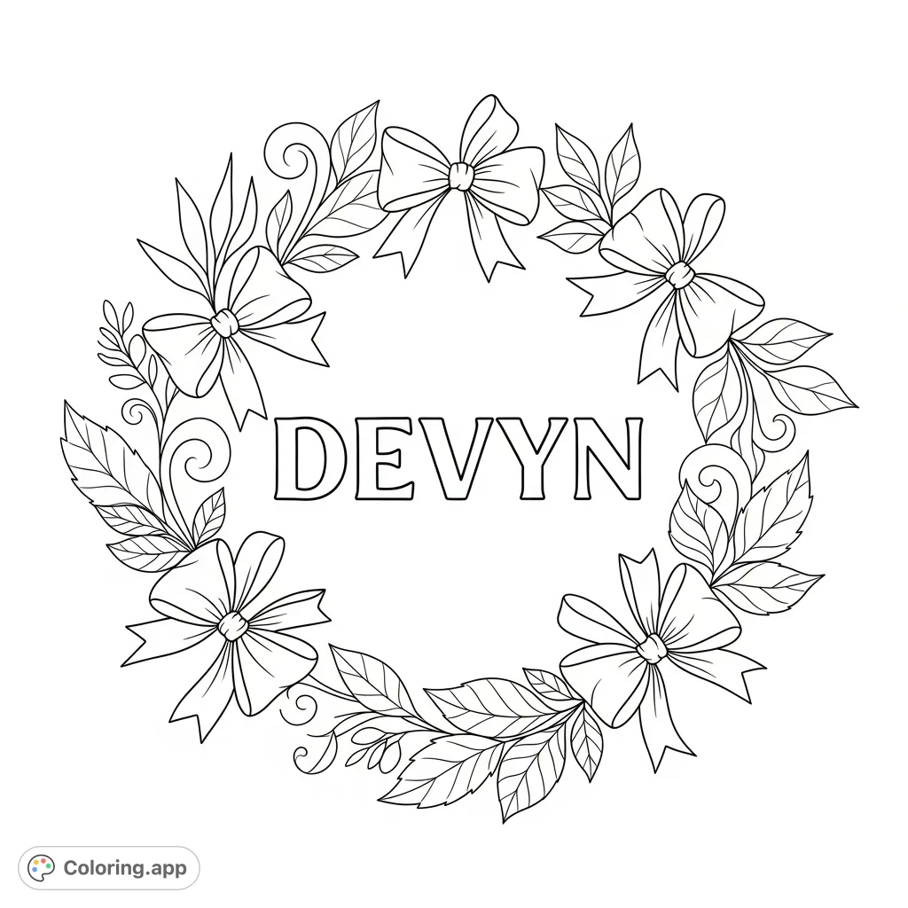 A personalized Devyn name coloring page featuring a stylized name encircled by elegant bows and a variety of leaves, perfect for custom gifts or decor.