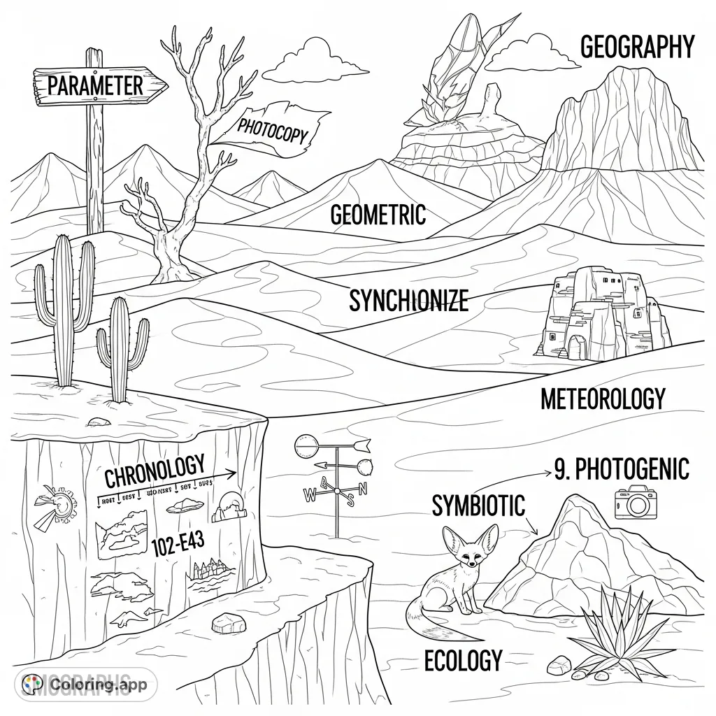 Explore a vast, barren desert landscape filled with hidden words. Discover "meteorology," "ecology," and more in this unique desert coloring page.