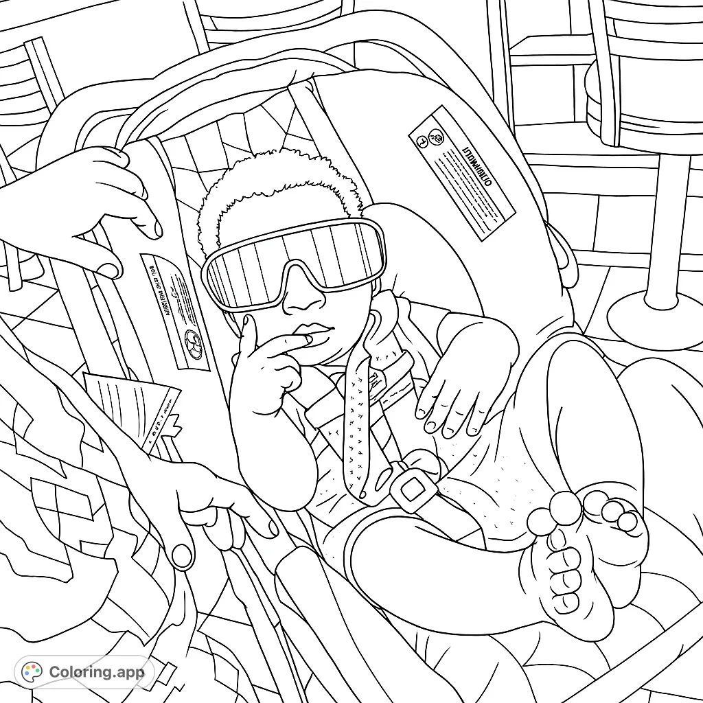 A cool baby in a car seat, sporting oversized sunglasses and a tie, ready for adventure. This fun coloring page captures a charming, stylish moment.