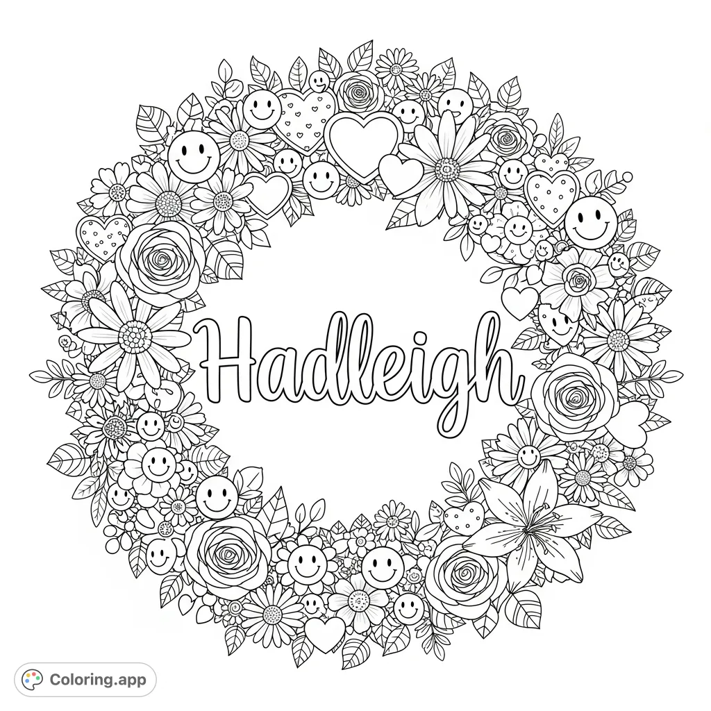A beautiful Hadleigh floral wreath coloring page featuring a personalized name, intricate flowers, delicate leaves, happy smile faces, and charming hearts.