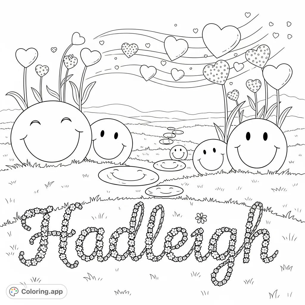 Explore a whimsical field dotted with cheerful smile faces and floating hearts. The name 'Hadleigh' is beautifully spelled out in delicate blossoms on a grassy knoll.