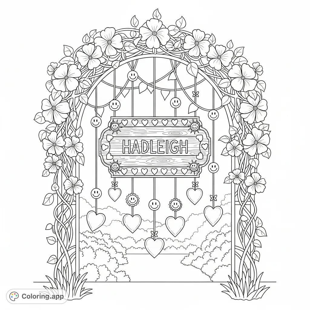 Discover a charming garden archway adorned with intertwining vines, cheerful faces, and a personalized "hadleigh" plaque. A delightful coloring page!