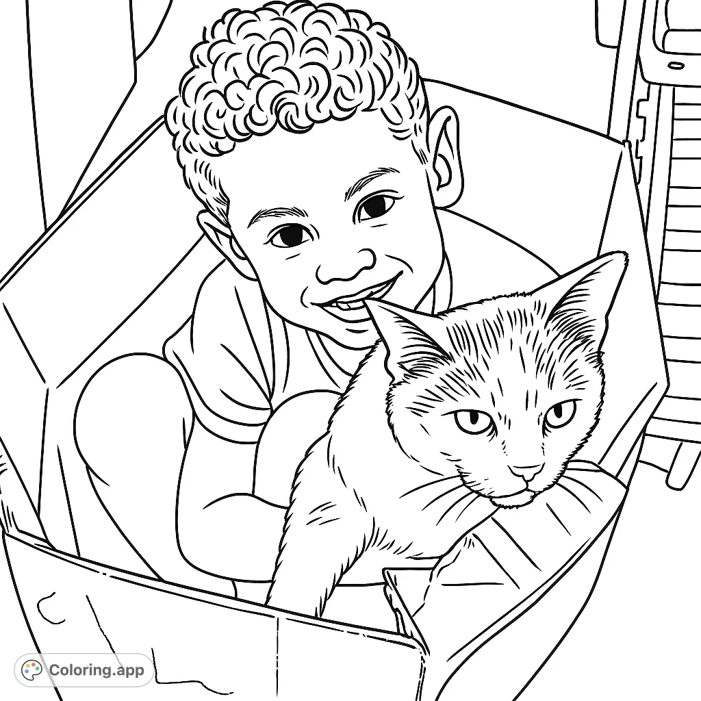 A delightful scene of a child and their feline friend sharing a cozy cardboard box, perfect for imaginative coloring fun.