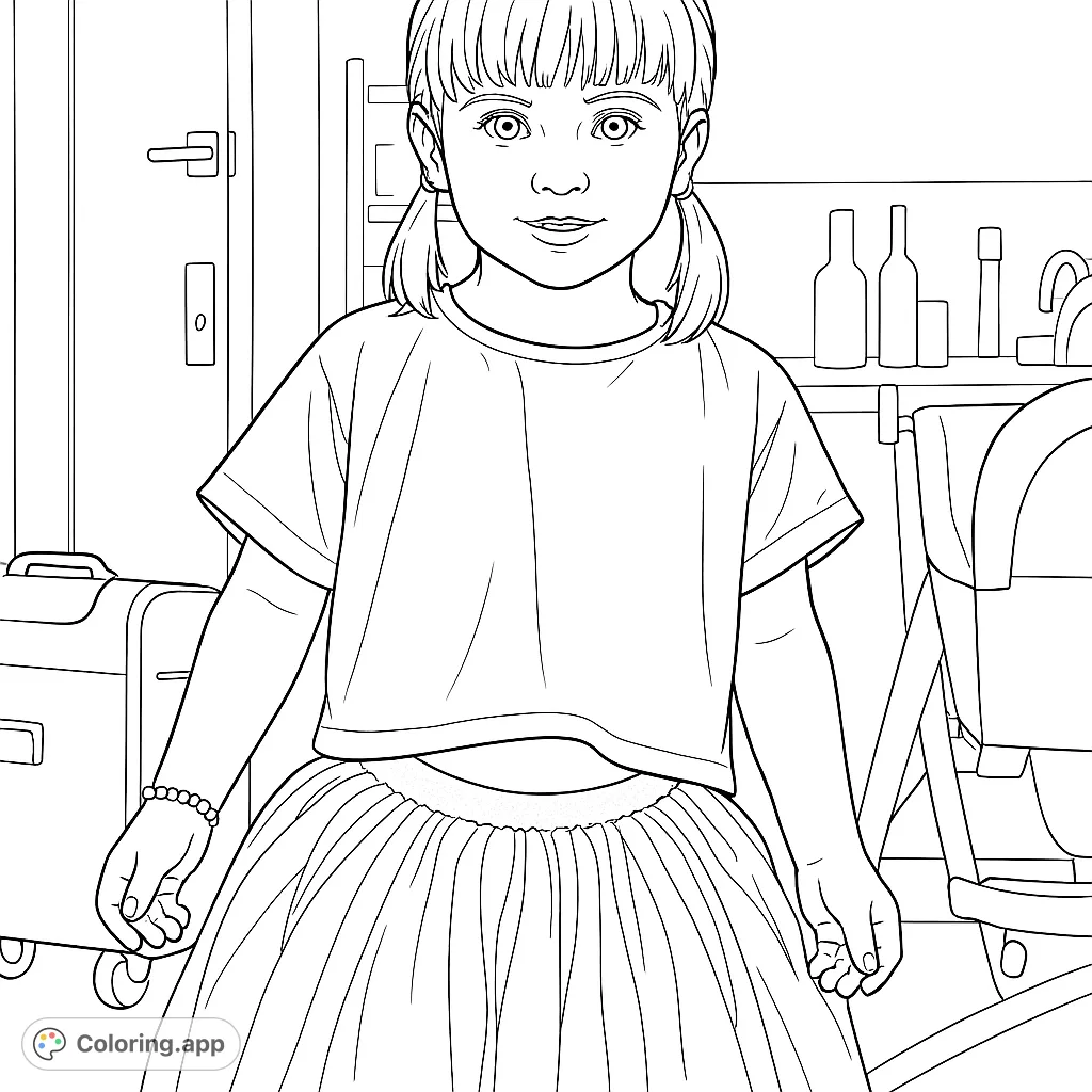 Capture the joy of childhood with this delightful coloring page featuring a smiling child in a playful top and layered skirt, perfect for creative expression.