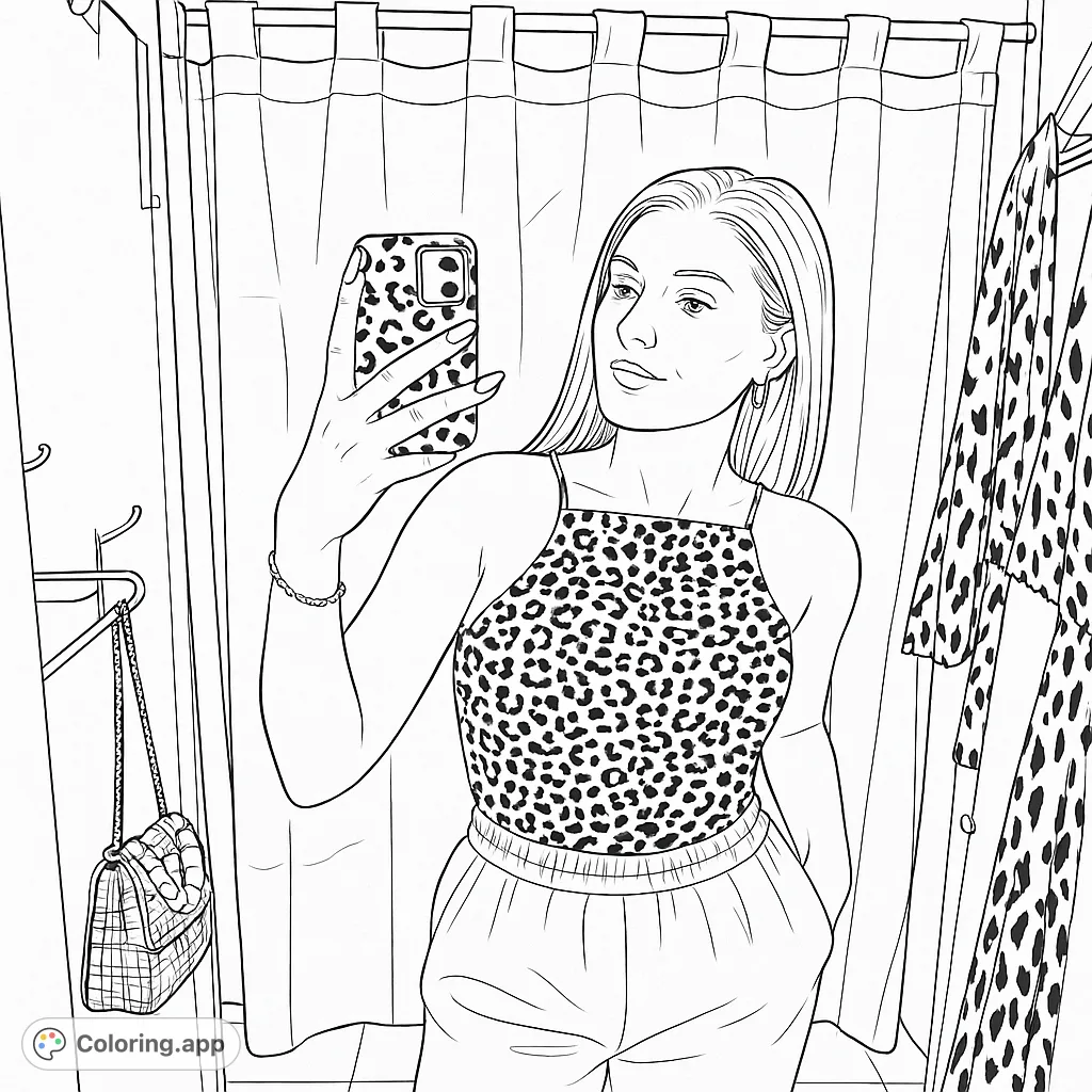 Capture modern fashion with this animal print style coloring page. A woman poses in a fitting room, perfect for fashion enthusiasts.