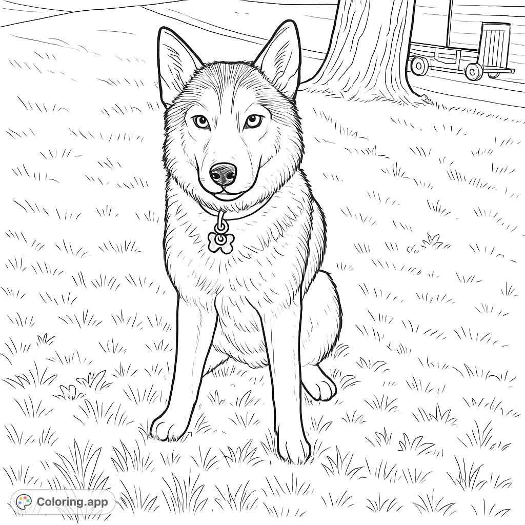 Color a beautiful husky dog with distinctive markings, sitting alertly in a grassy outdoor scene. Perfect for animal lovers of all ages!